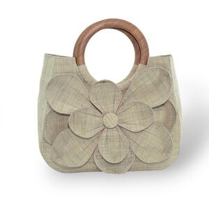 Mar Y Sol Neutral Tan Raffia Tropical Resort Handbag Tote Flower Wooden Handles
